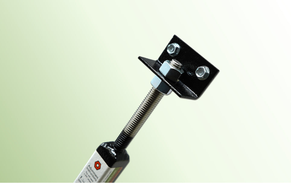 True Latch Gate Brace image of the adjustable threads and top bracket.  